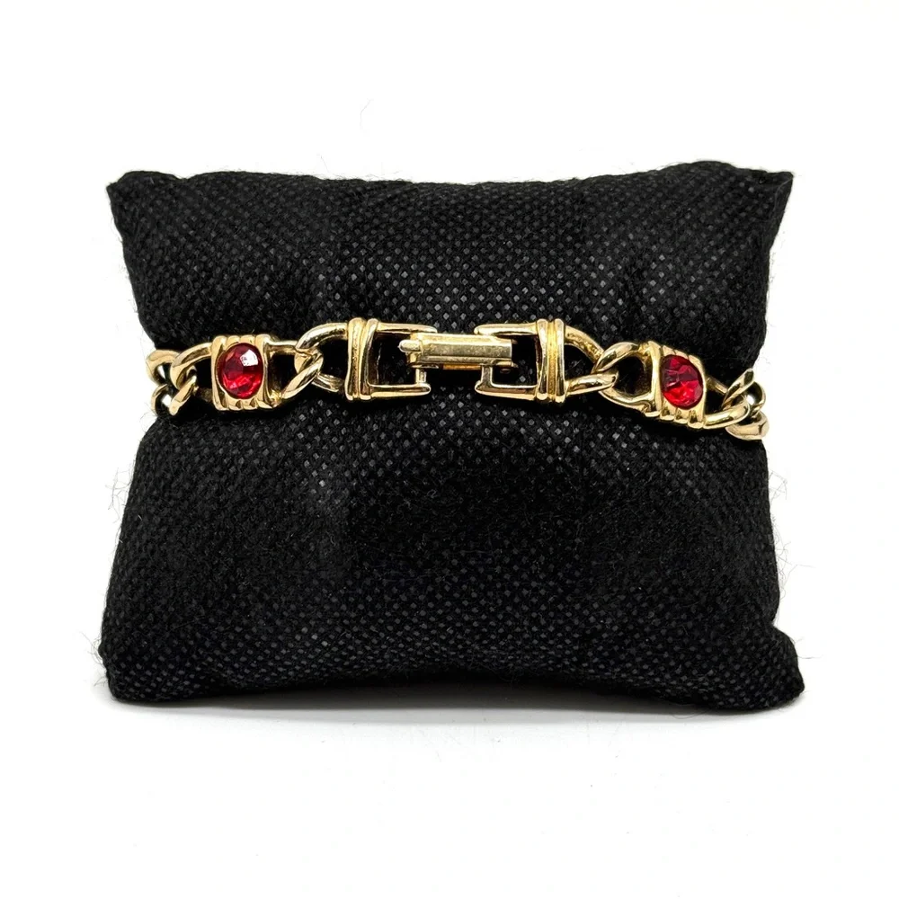 Vintage Goldtone Link Bracelet with Red Rhinestones